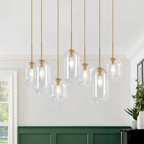 7-Light Cluster Glass Shade Linear Island Pendant - Mid-century Modern