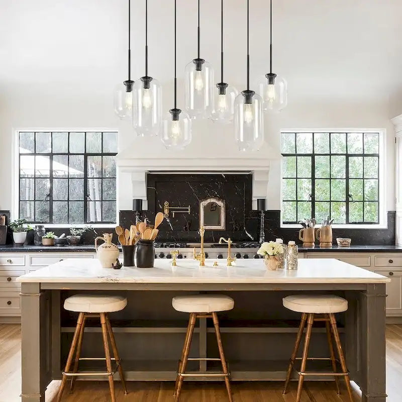 Suspension linéaire à 7 lumières avec abat-jour en verre - Style moderne du milieu du siècle