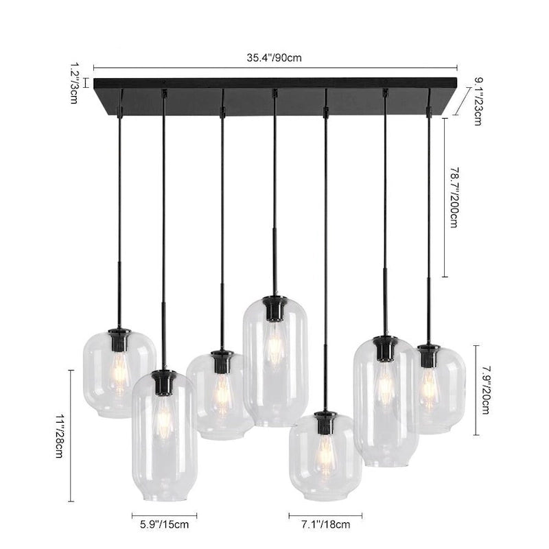 Suspension linéaire à 7 lumières avec abat-jour en verre - Style moderne du milieu du siècle