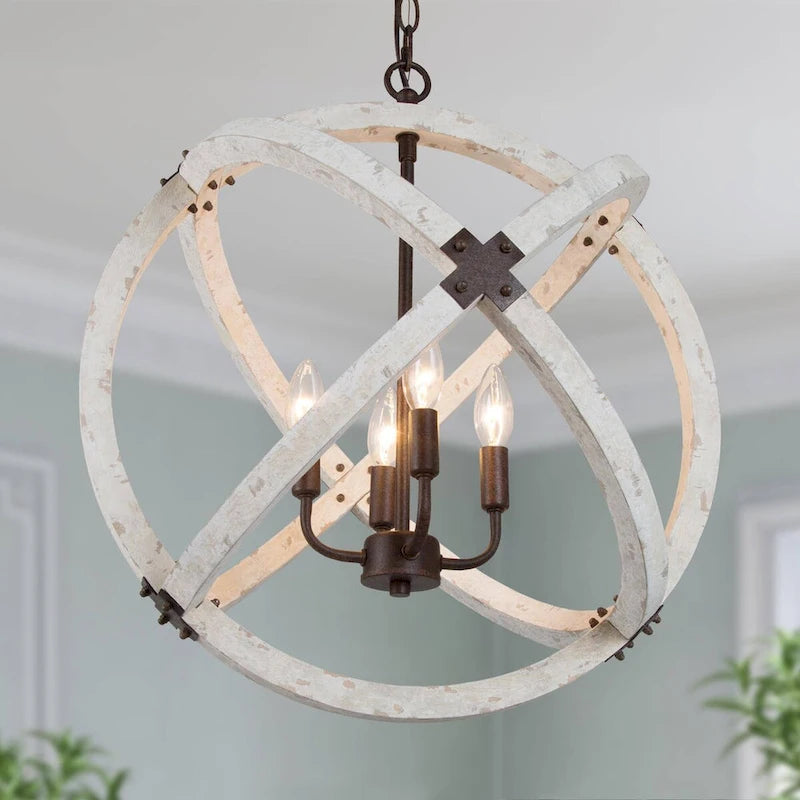 Lustre Loby Farmhouse à 4 lumières, grand globe en bois massif, luminaire traditionnel pour salle à manger