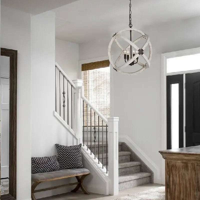 Lustre Loby Farmhouse à 4 lumières, grand globe en bois massif, luminaire traditionnel pour salle à manger