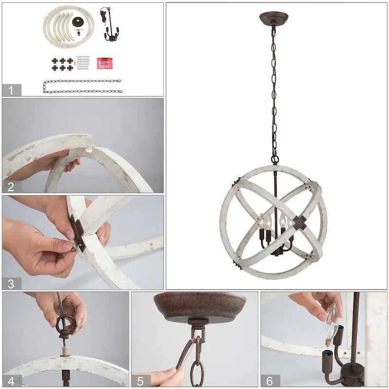 Lustre Loby Farmhouse à 4 lumières, grand globe en bois massif, luminaire traditionnel pour salle à manger
