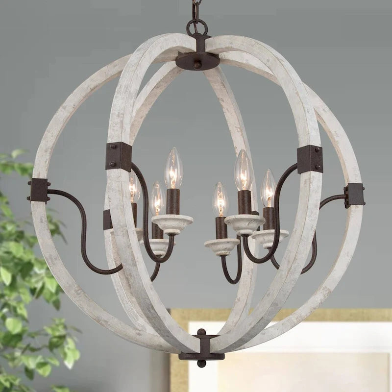 Lustre Loby Farmhouse à 4 lumières, grand globe en bois massif, luminaire traditionnel pour salle à manger