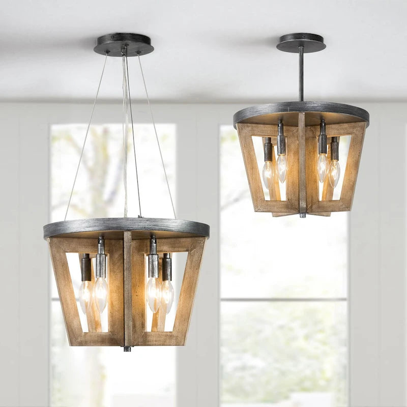 Lustre de style campagnard à 5 lumières en bois, cage, plafonnier semi-encastré pour salle à manger - D 14 x H 74