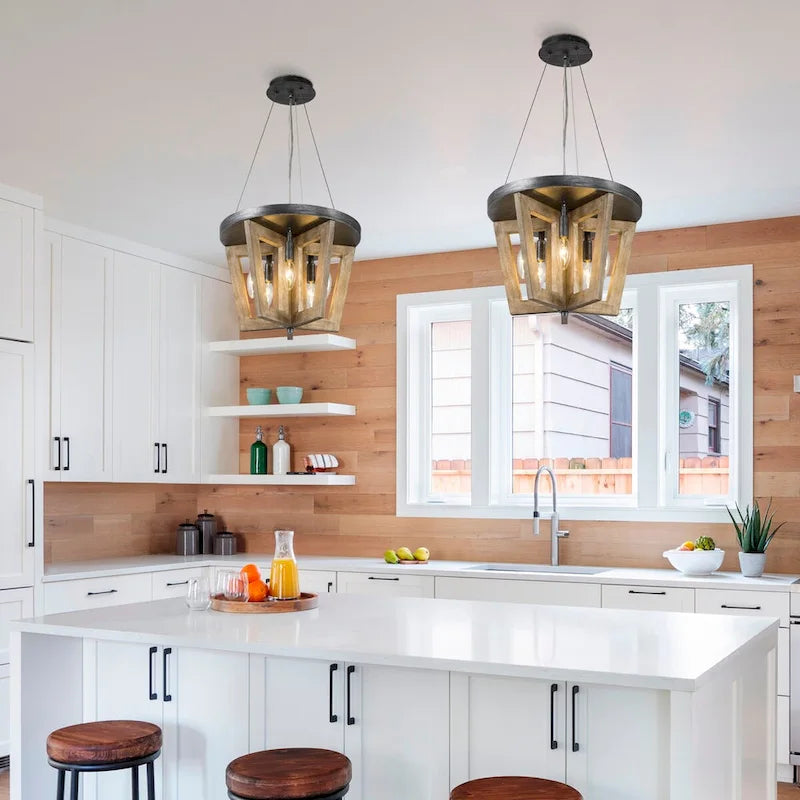 Lustre de style campagnard à 5 lumières en bois, cage, plafonnier semi-encastré pour salle à manger - D 14 x H 74