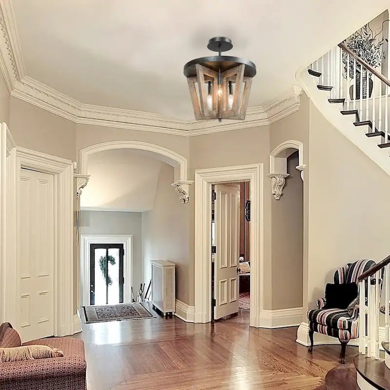 Lustre de style campagnard à 5 lumières en bois, cage, plafonnier semi-encastré pour salle à manger - D 14 x H 74