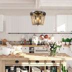 Lustre de style campagnard à 5 lumières en bois, cage, plafonnier semi-encastré pour salle à manger - D 14 x H 74