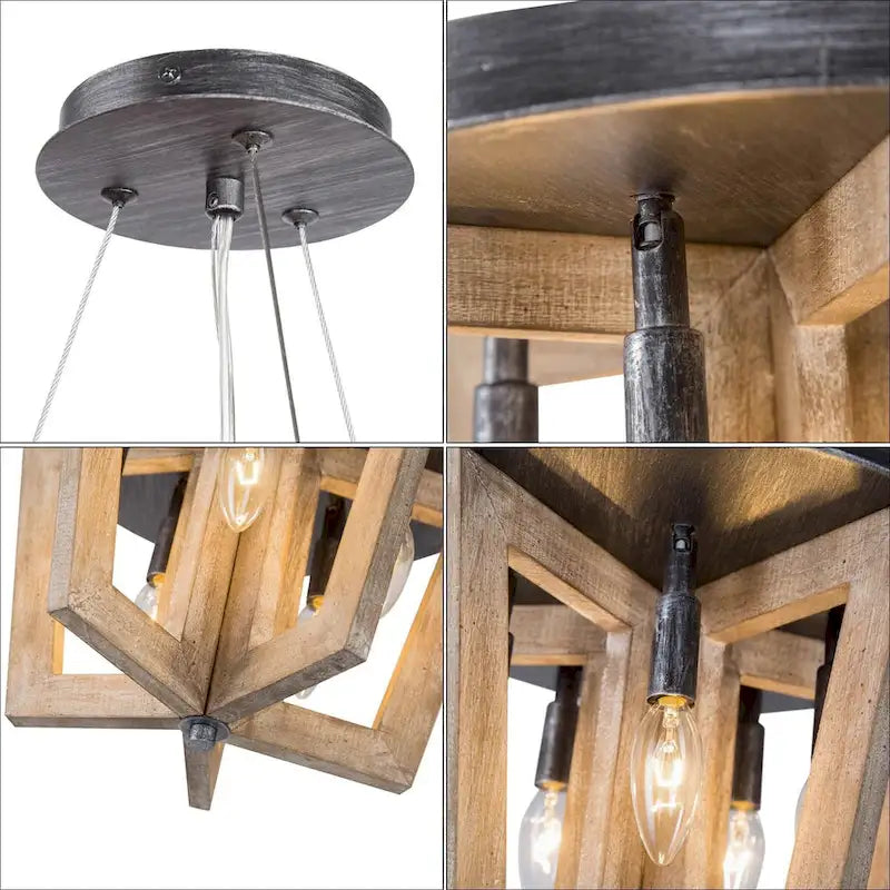Lustre de style campagnard à 5 lumières en bois, cage, plafonnier semi-encastré pour salle à manger - D 14 x H 74