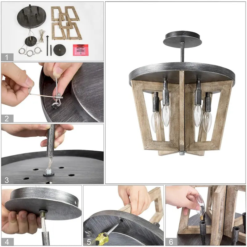 Lustre de style campagnard à 5 lumières en bois, cage, plafonnier semi-encastré pour salle à manger - D 14 x H 74