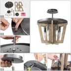 Lustre de style campagnard à 5 lumières en bois, cage, plafonnier semi-encastré pour salle à manger - D 14 x H 74