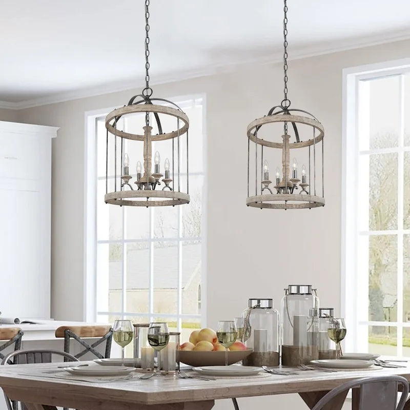 Loby Farmhouse Solid Wood Drum Chandelier 4-light Dimmable Candle Pendant Lights for Entryway - D16  xH22.5 