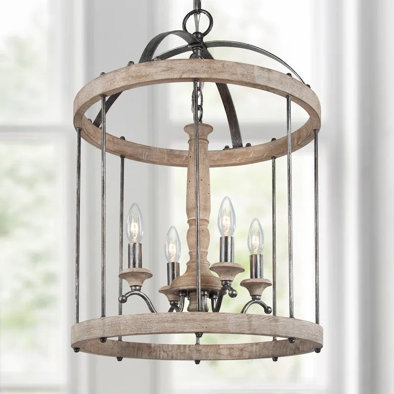 Lustre tambour en bois massif Loby Farmhouse, suspension à 4 lumières à intensité variable, style bougie, pour entrée - D16 x H22,5