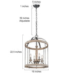 Lustre tambour en bois massif Loby Farmhouse, suspension à 4 lumières à intensité variable, style bougie, pour entrée - D16 x H22,5