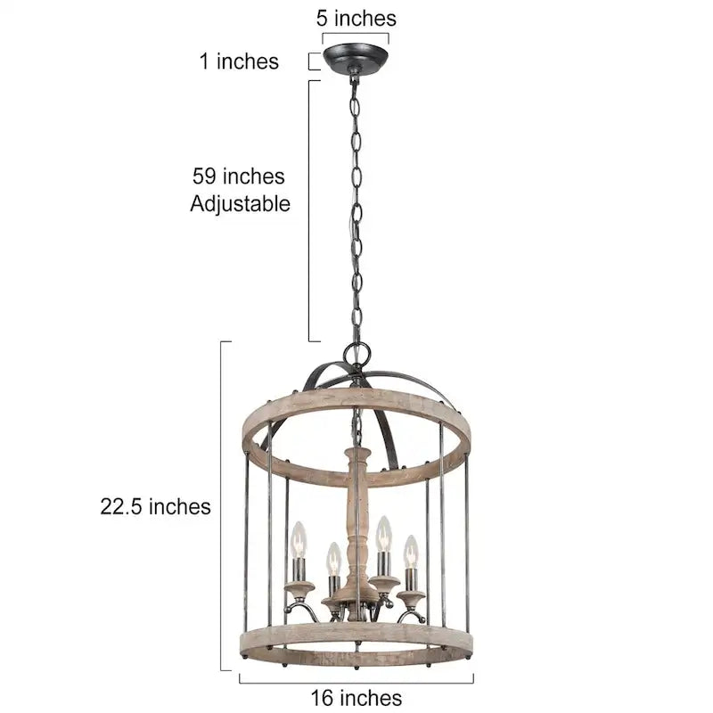 Lustre tambour en bois massif Loby Farmhouse, suspension à 4 lumières à intensité variable, style bougie, pour entrée - D16 x H22,5