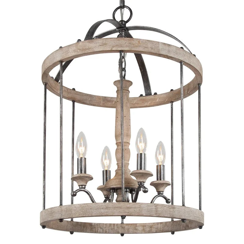 Lustre tambour en bois massif Loby Farmhouse, suspension à 4 lumières à intensité variable, style bougie, pour entrée - D16 x H22,5