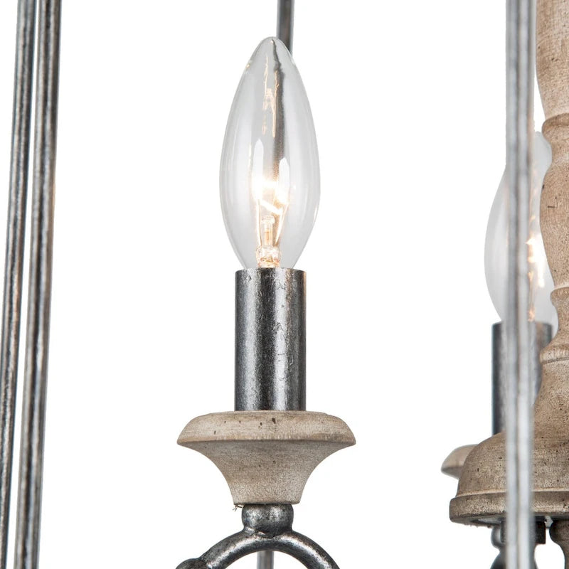 Lustre tambour en bois massif Loby Farmhouse, suspension à 4 lumières à intensité variable, style bougie, pour entrée - D16 x H22,5