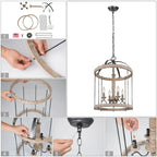 Lustre tambour en bois massif Loby Farmhouse, suspension à 4 lumières à intensité variable, style bougie, pour entrée - D16 x H22,5