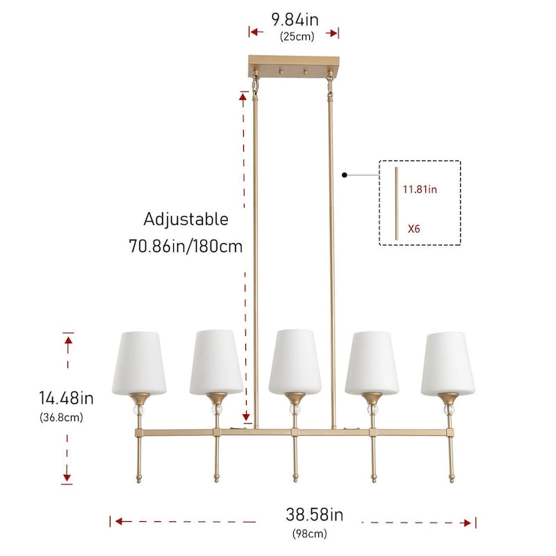 Luminaires modernes et linéaires à 5 lumières pour îlot de cuisine - 38,6 cm P 9,8 cm L 85,3 cm H (réglable)