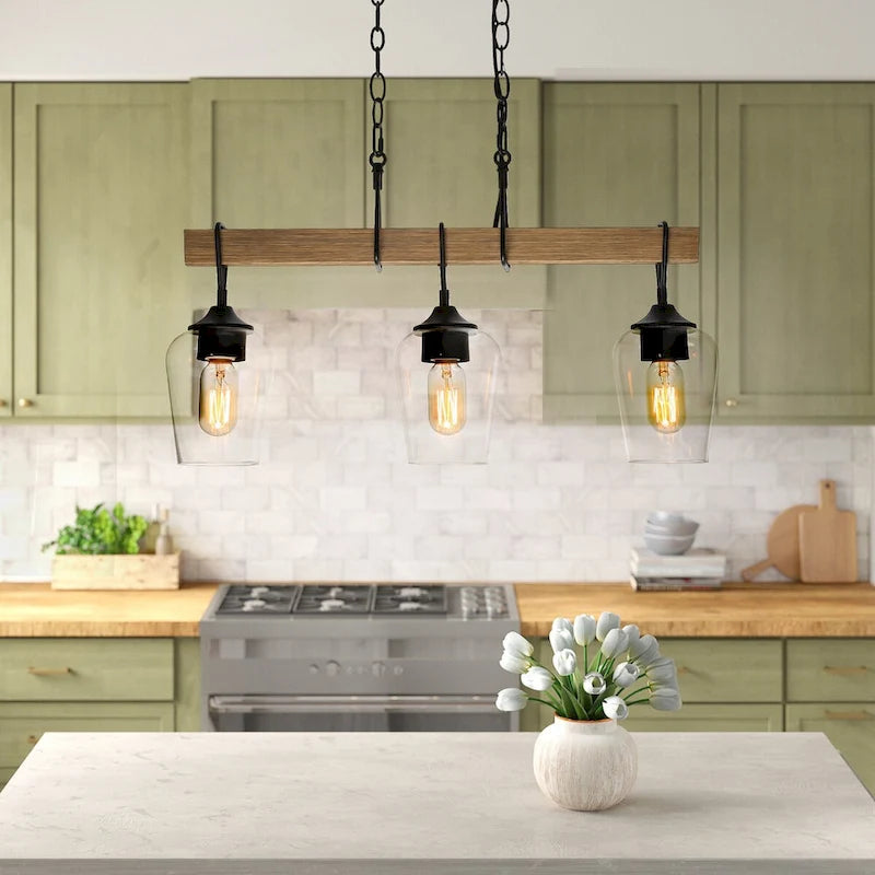 Farmhouse Rustic 3-light Linear Chandelier Clear Glass Island Lights for Dining Room