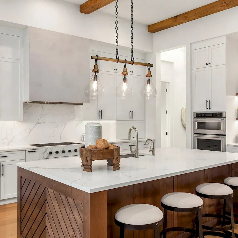 Lustre linéaire rustique à 3 lumières en verre transparent, style ferme, idéal pour une salle à manger.