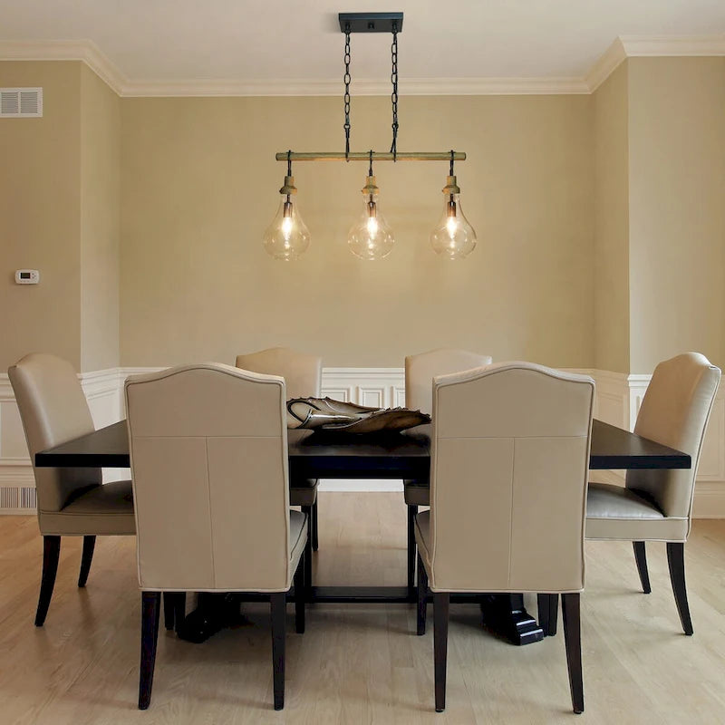 Lustre linéaire rustique à 3 lumières en verre transparent, style ferme, idéal pour une salle à manger.