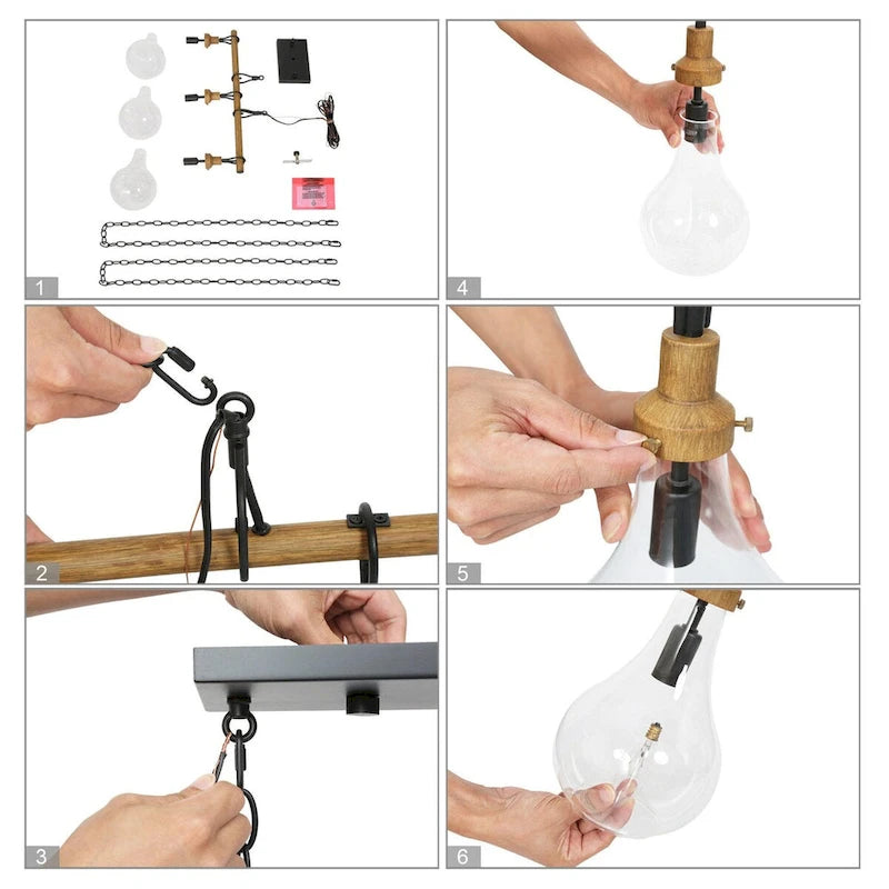 Lustre linéaire rustique à 3 lumières en verre transparent, style ferme, idéal pour une salle à manger.