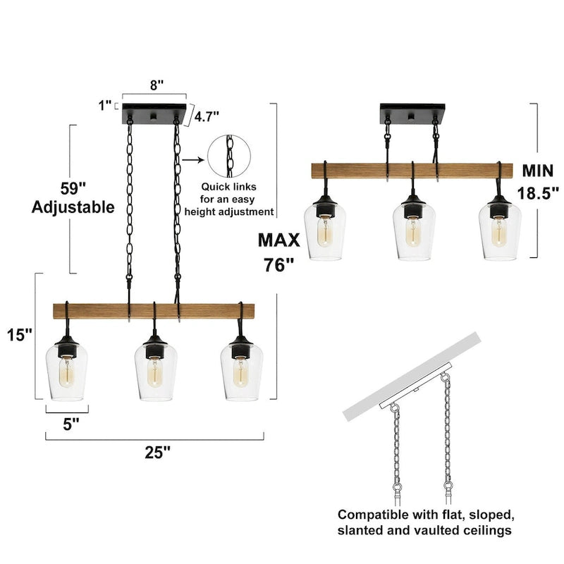 Lustre linéaire rustique à 3 lumières en verre transparent, style ferme, idéal pour une salle à manger.