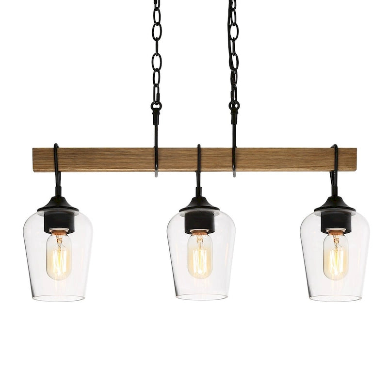Lustre linéaire rustique à 3 lumières en verre transparent, style ferme, idéal pour une salle à manger.