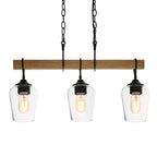 Lustre linéaire rustique à 3 lumières en verre transparent, style ferme, idéal pour une salle à manger.