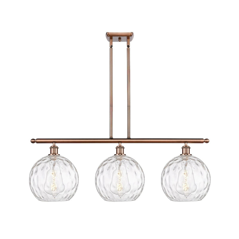 Luminaire suspendu îlot Athènes Water Glass à 3 lumières et 37 tiges, inspiré des innovations en matière d'éclairage.