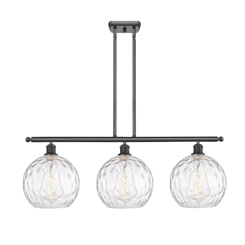 Luminaire suspendu îlot Athènes Water Glass à 3 lumières et 37 tiges, inspiré des innovations en matière d'éclairage.