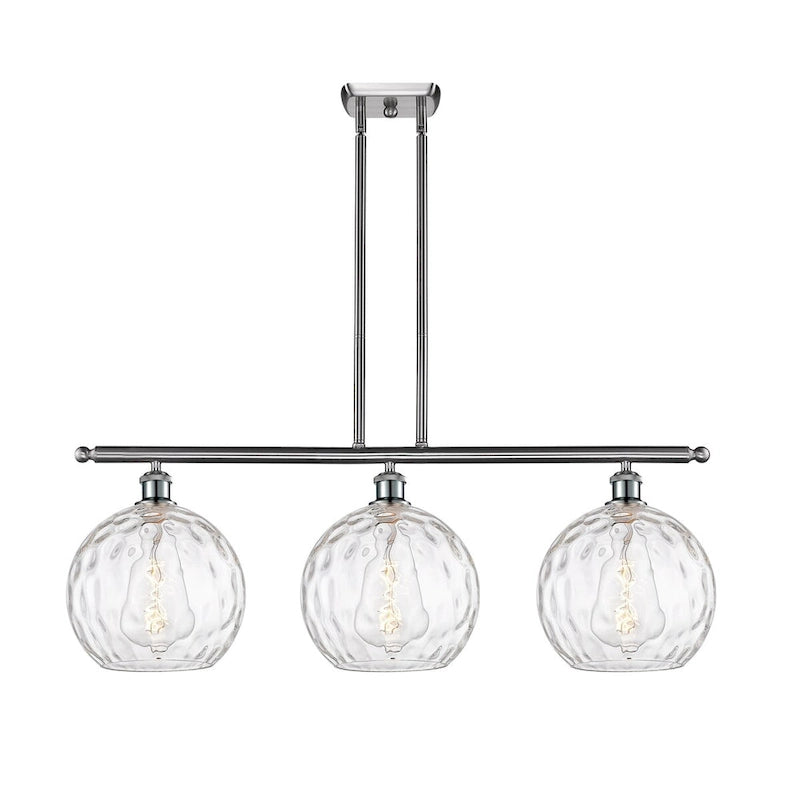 Luminaire suspendu îlot Athènes Water Glass à 3 lumières et 37 tiges, inspiré des innovations en matière d'éclairage.