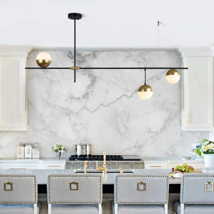 Minimalist Modern 3-Light Frosted Glass Globe Linear Island Chandelier - Black Brass