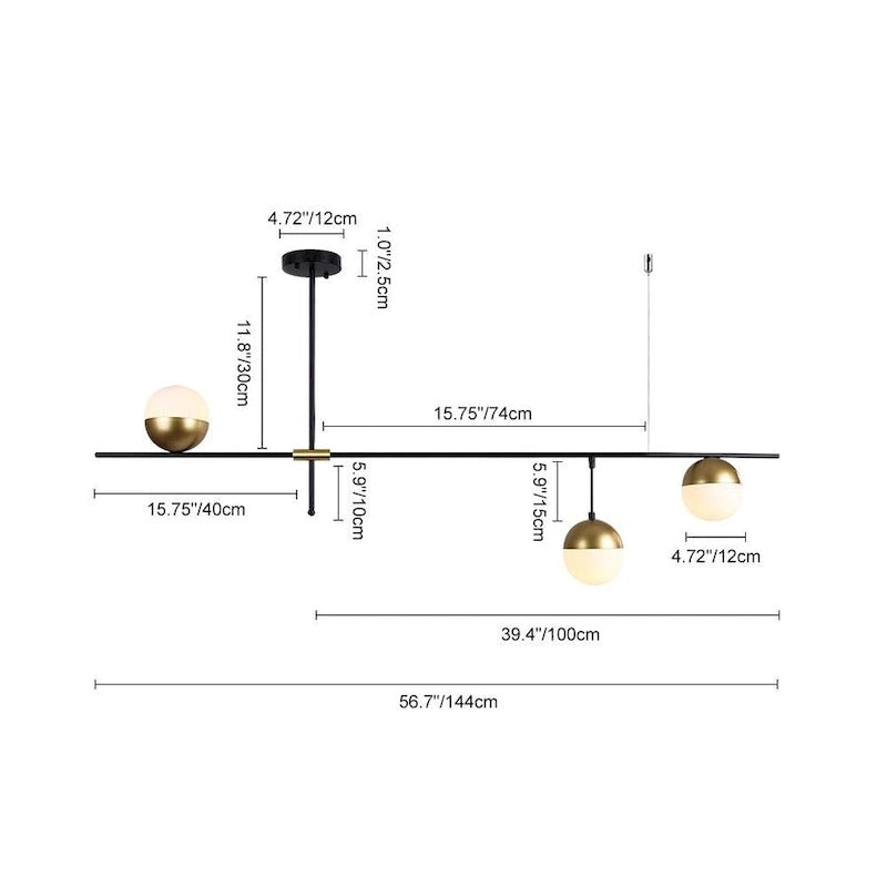 Lustre linéaire minimaliste moderne à 3 lumières avec globe en verre dépoli et abat-jour en laiton noir