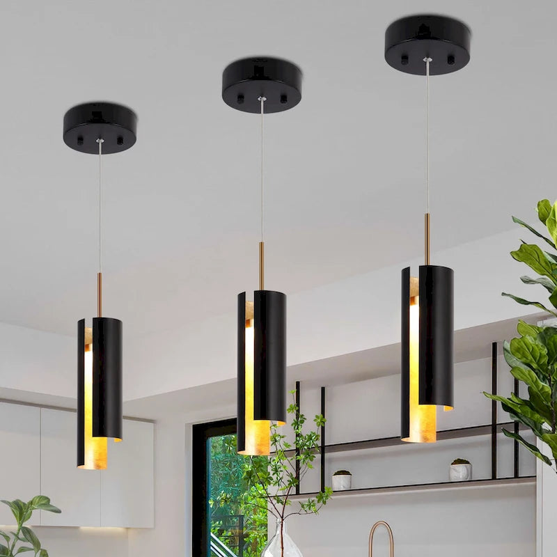 Black While 1-Light Modern Brass Gold LED Pendant Light Fixture for Kitchen Island - 3 x 3 x 14.3