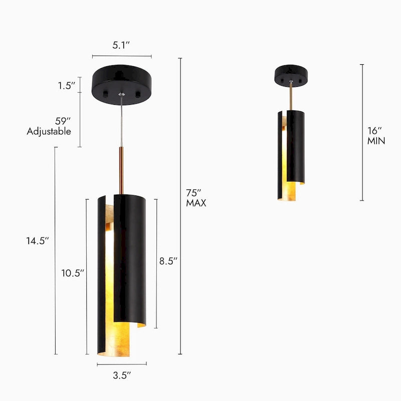 Suspension LED moderne en laiton doré noir à une lumière pour îlot de cuisine - 3 x 3 x 14,3