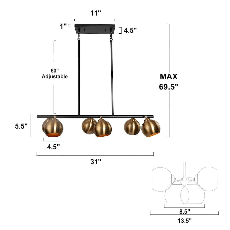 Lustre linéaire moderne à 6 lumières noir et or, style glamour, en métal, idéal pour une salle à manger - L31 x l5,5 x H13,5