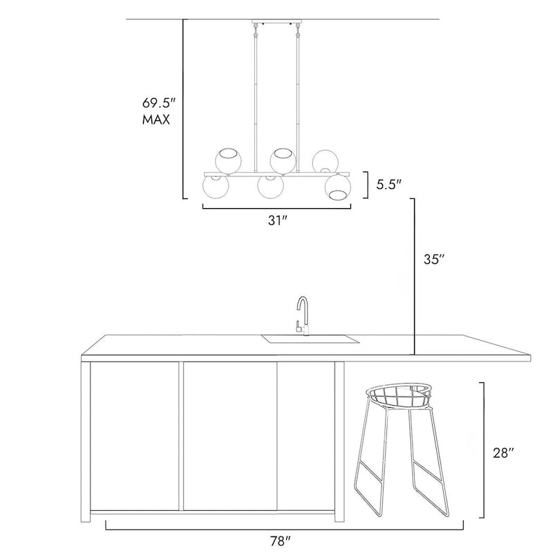 Lustre linéaire moderne à 6 lumières noir et or, style glamour, en métal, idéal pour une salle à manger - L31 x l5,5 x H13,5