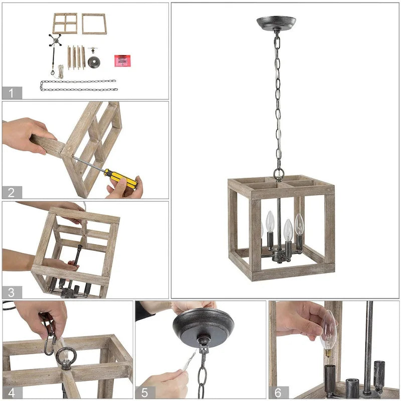 Suspensions Loby rustiques en bois pour îlot de cuisine, style cage géométrique, compatibles avec les ampoules LED Edison - Gris - D11 x H12