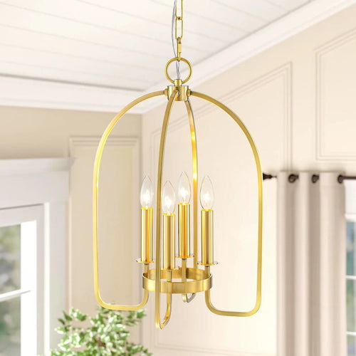 Suspension moderne industrielle dorée à 4 lumières, style lanterne traditionnelle pour îlot de cuisine - 35,8 cm (L) x 54,4 cm (H)