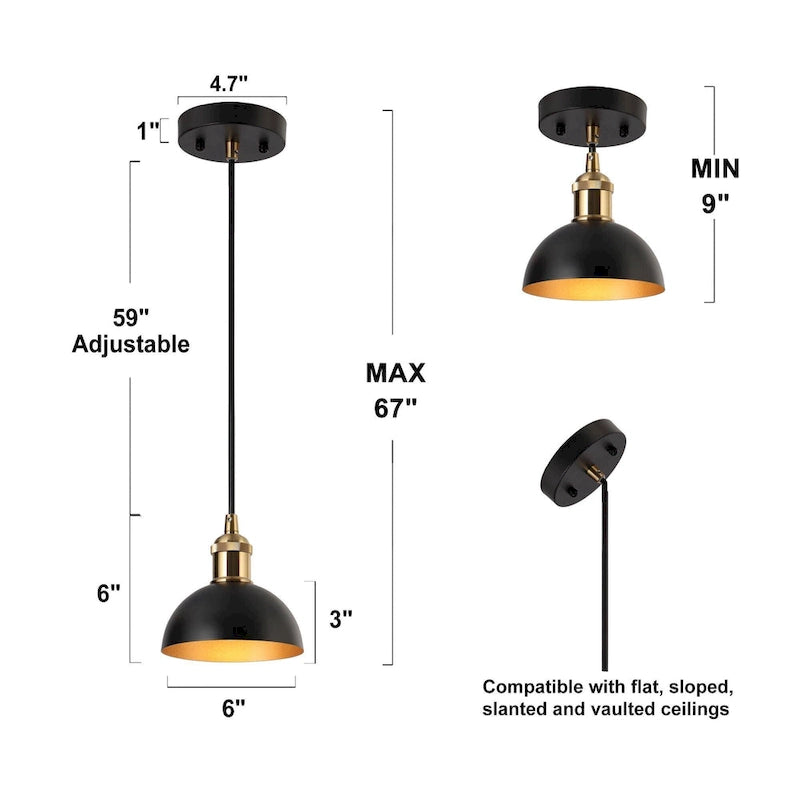 Suspension moderne style ferme à une lumière en métal noir et or, idéale pour un îlot de cuisine ou une salle à manger - 15 cm de diamètre x 7,5 cm de hauteur