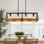 Lustre moderne Starsky à 4 lumières, style ferme, noir, en bois, style linéaire, pour îlot de cuisine.