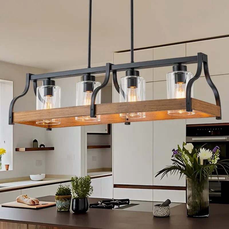 Lustre moderne Starsky à 4 lumières, style ferme, noir, en bois, style linéaire, pour îlot de cuisine.