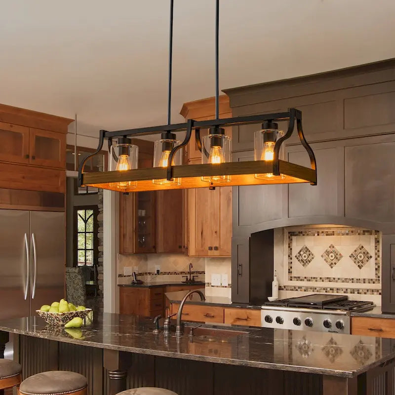 Lustre moderne Starsky à 4 lumières, style ferme, noir, en bois, style linéaire, pour îlot de cuisine.