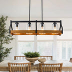 Lustre moderne Starsky à 4 lumières, style ferme, noir, en bois, style linéaire, pour îlot de cuisine.