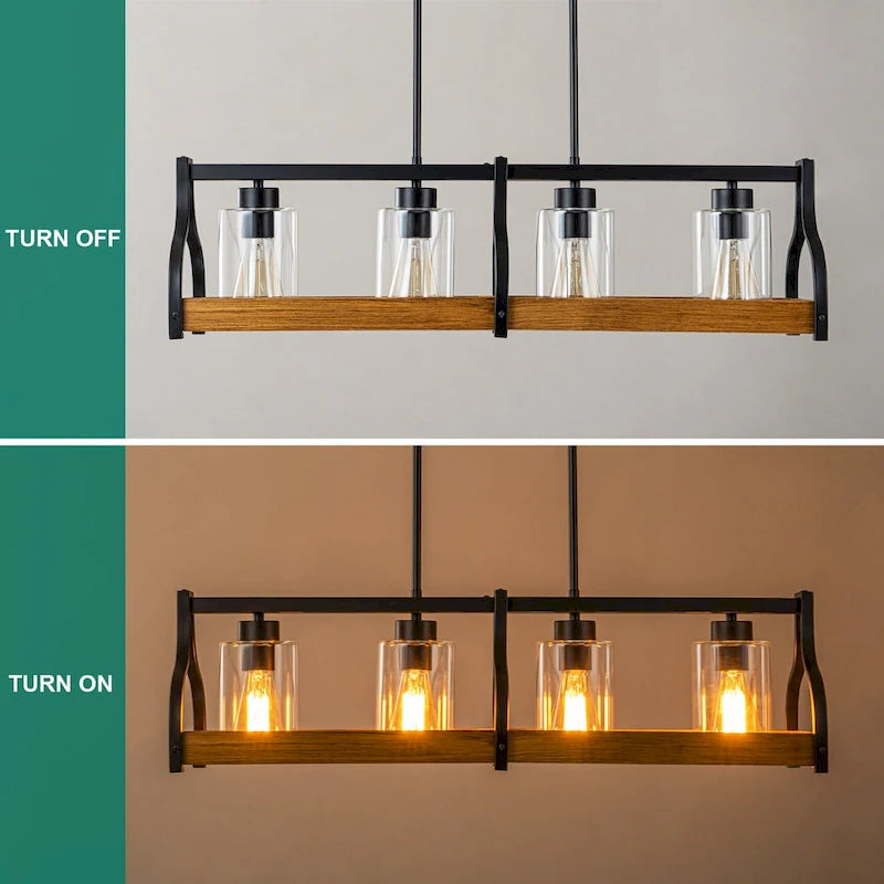 Lustre moderne Starsky à 4 lumières, style ferme, noir, en bois, style linéaire, pour îlot de cuisine.