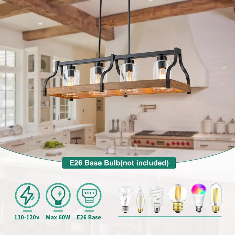 Lustre moderne Starsky à 4 lumières, style ferme, noir, en bois, style linéaire, pour îlot de cuisine.