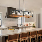 Lustre moderne Starsky à 4 lumières, style ferme, noir, en bois, style linéaire, pour îlot de cuisine.
