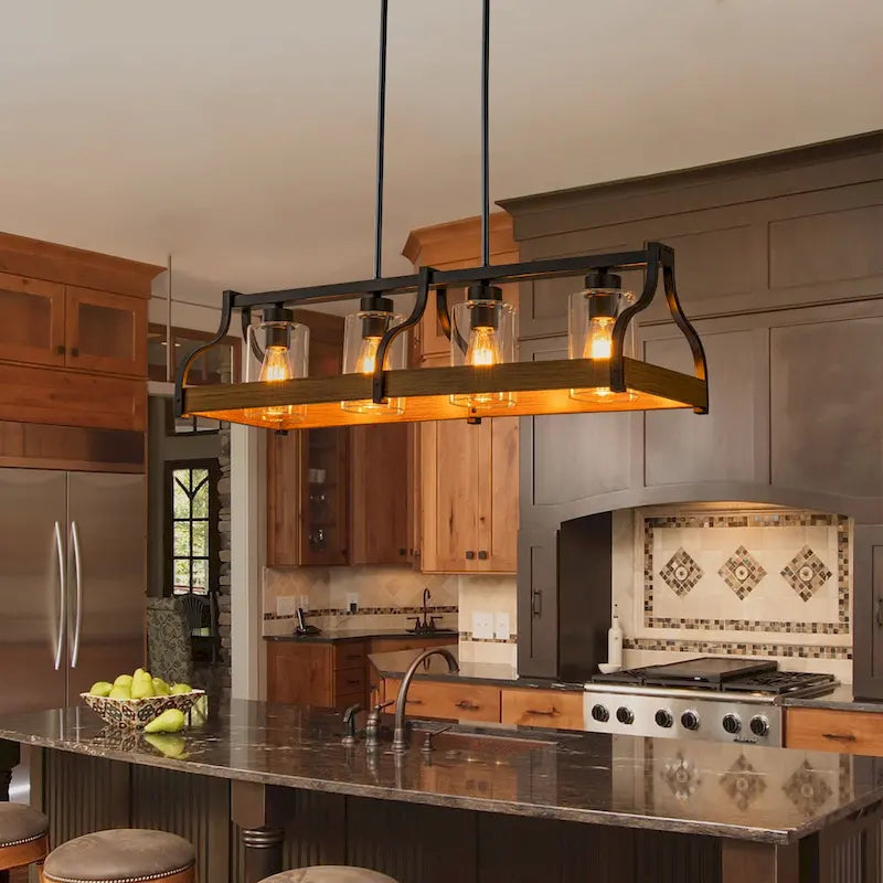 Lustre moderne Starsky à 4 lumières, style ferme, noir, en bois, style linéaire, pour îlot de cuisine.