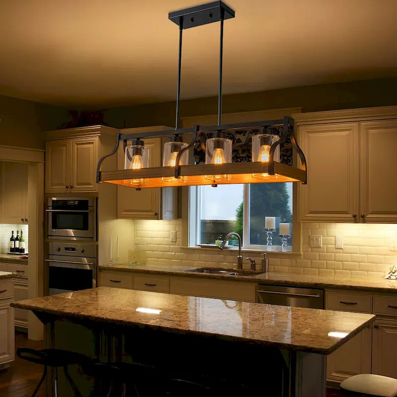 Lustre moderne Starsky à 4 lumières, style ferme, noir, en bois, style linéaire, pour îlot de cuisine.